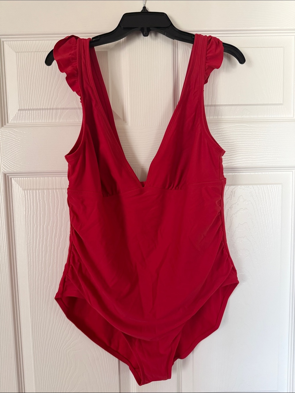Kona Sol Red Deep V One-Piece Swimsuit with Ruffle Shoulders